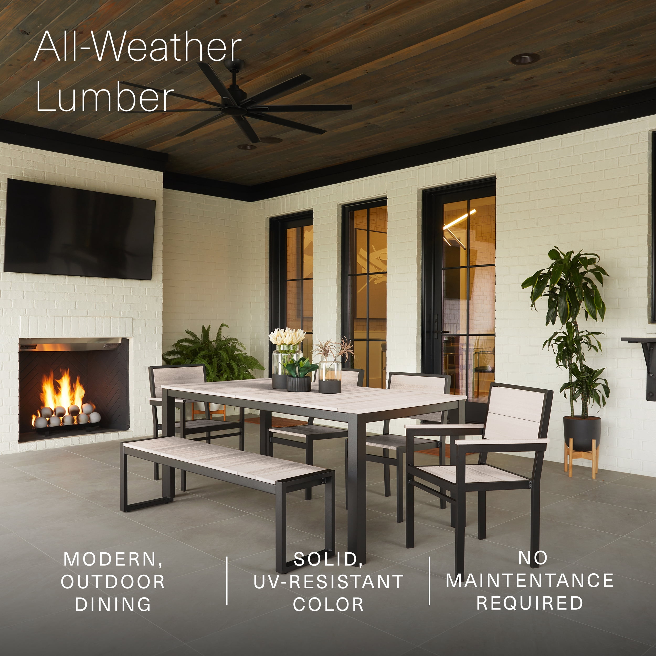 DuroGreen Park City 72" Rectangular 6-Pc Outdoor Dining Set, 1 Table/1 Bench/4 Chairs Made With All-Weather Tangentwood, High End Patio Furniture, Easy Assembly, USA Made, Black with Paper Birch