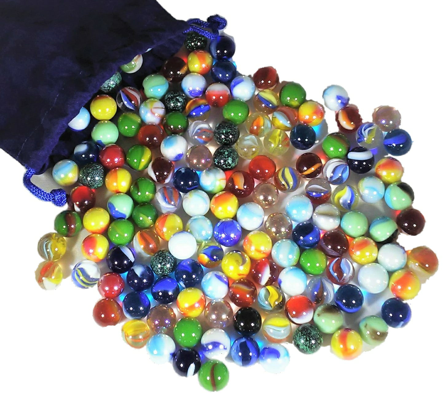 Assorted Colors and Styles Set of Glass Peewee Marbles in Blue Velveteen Bag 25 