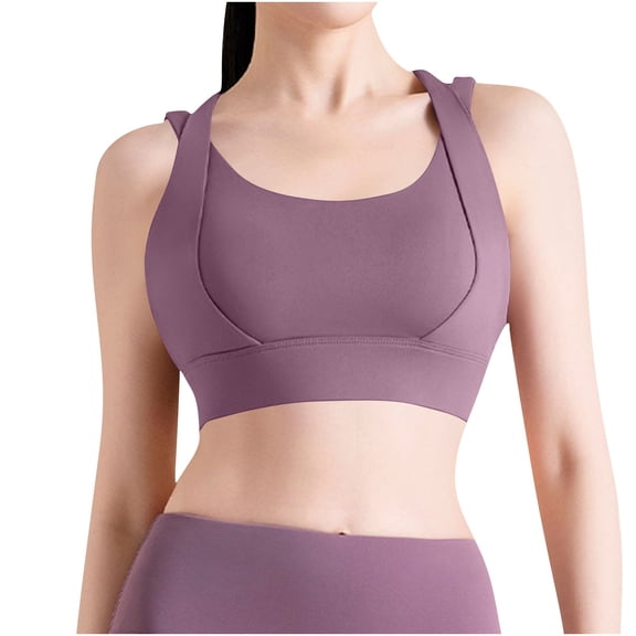 MGDXOX Women's Criss Cross Back Wireless Sports Bras Seamless Comfortable No Underwire Padded Cami Yoga Workout Top Purple L