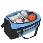 40 Liter 22 Inch Duffle Bag with Front Accessory Pocket, Velcro Handles, Dual Zipper Closure and Luggage Strap for Traveling, Commuting, Sports and Gym Equipment in Light Blue & Black