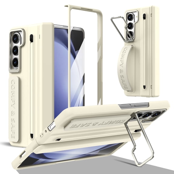 LHNUNP for Samsung Galaxy Z Fold 5 Case with S Pen Holder & Kickstand, Full Body Shockproof Cover with Lens Protector, Apricot