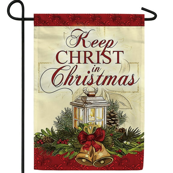 America Forever Keep Christ in Christmas Lamp Garden Flag, 12.5 x 18 inch Double Sided, Holly Bell Religious Holiday Decor, Pine Winter Outdoor Yard Banner, Xmas Seasonal Decorative Flag