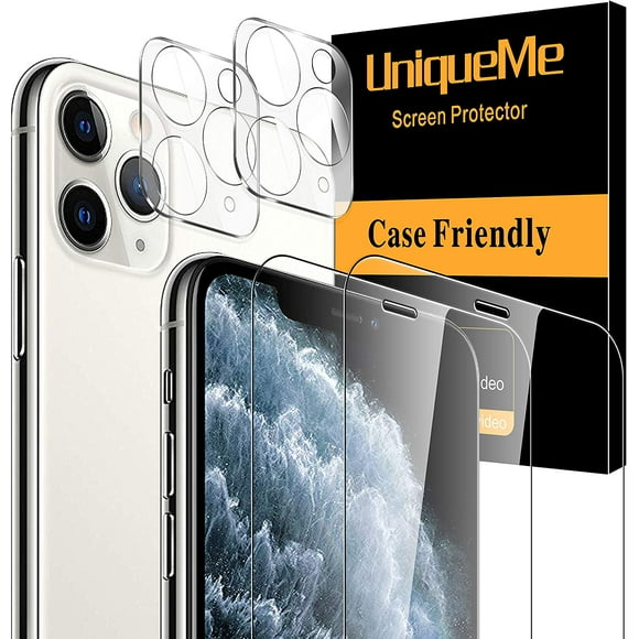 UniqueMe 2 Pack Protecteur d'Écran en Verre Trempé +2 Pack Protecteur d'Objectif de Caméra en Verre Trempé 9H Dureté pour iPhone 11
