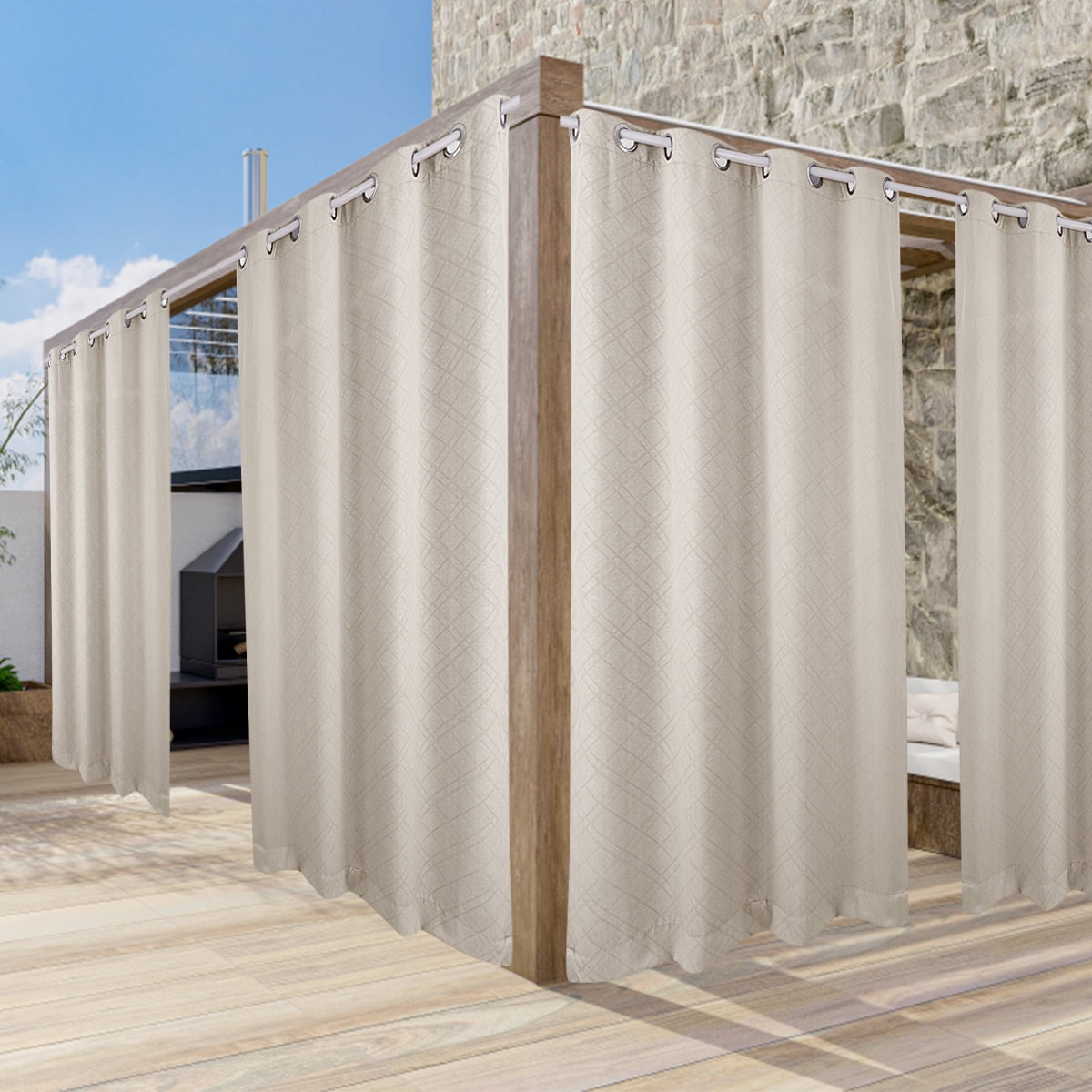 TOPCHANCES 4 Panels Outdoor Curtains for Patio, Waterproof Weatherproof Privacy Curtains 3D Embossed Pattern, Thermal Insulated Grommet Top and Tab Bottom Drapes, W52in x L84in