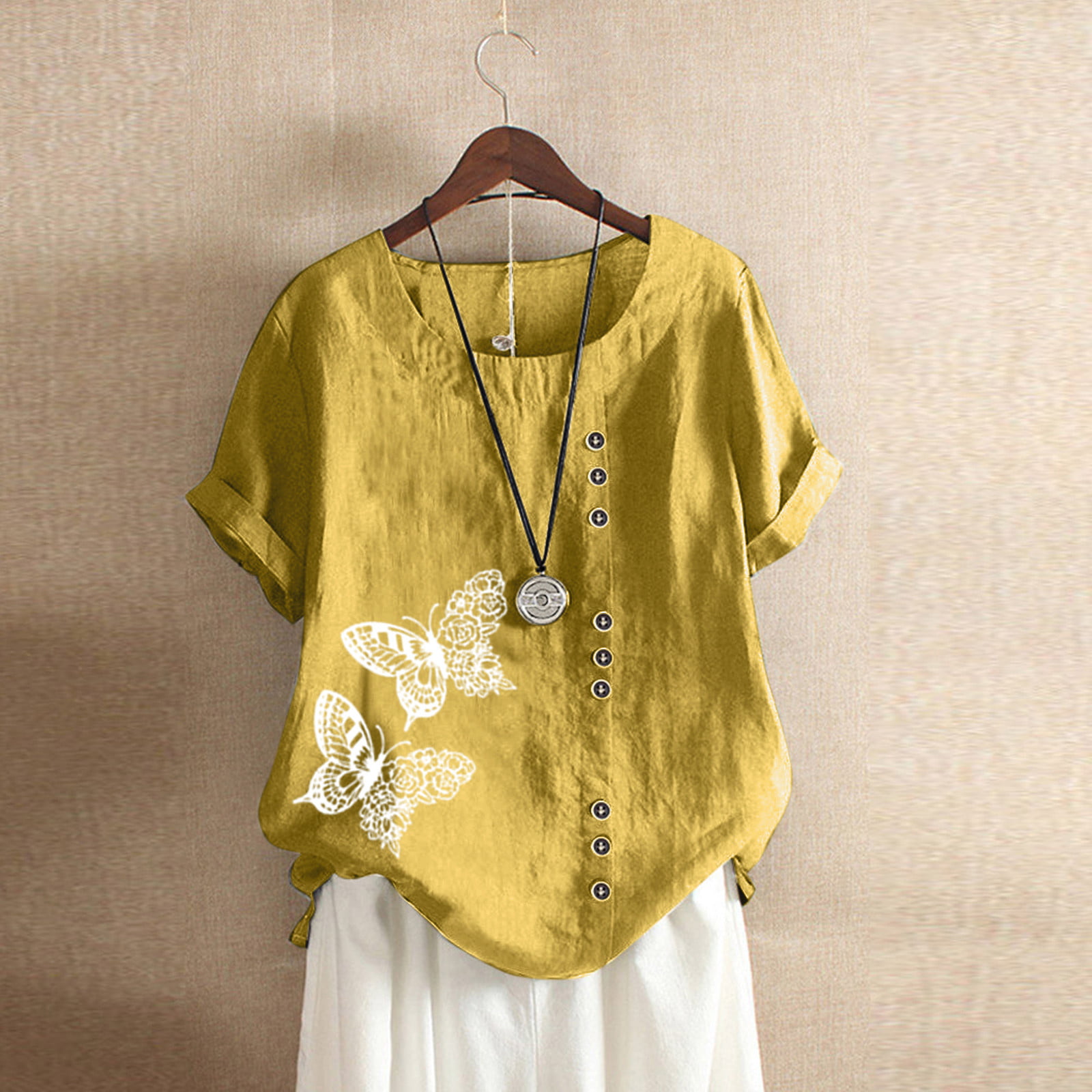 Womens Embroidered Blouse Tunic Linen Tops Short Sleeve Hi-Low Hem Shirt Cotton Linen Jacquard Blouses Top T-Shirt 