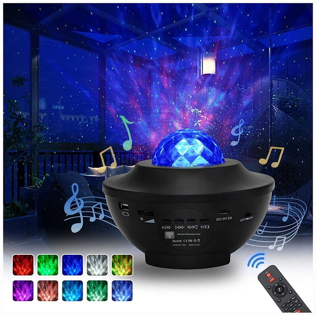 Proyector de cielo estrellado con 21 modos de iluminación, luz nocturna LED con ondas de agua, reproductor de música Bluetooth y control remoto