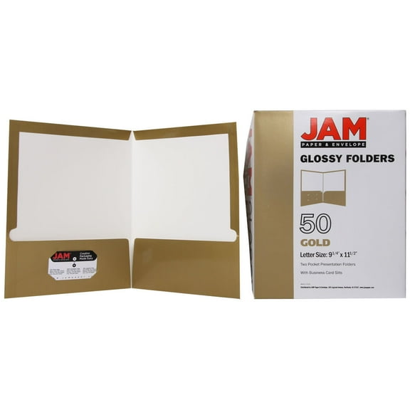 JAM Paper Laminated Two Pocket Glossy Folders, Gold, Bulk 50/Box