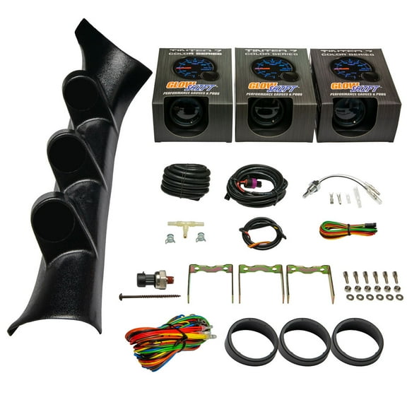 GlowShift | 2005-2010 Chevrolet Cobalt Couple Black Triple Pillar Pod with Tinted 7 Color Series 30 PSI Boost Vacuum Gauge, Oil Pressure Gauge & Water Temperature Gauge