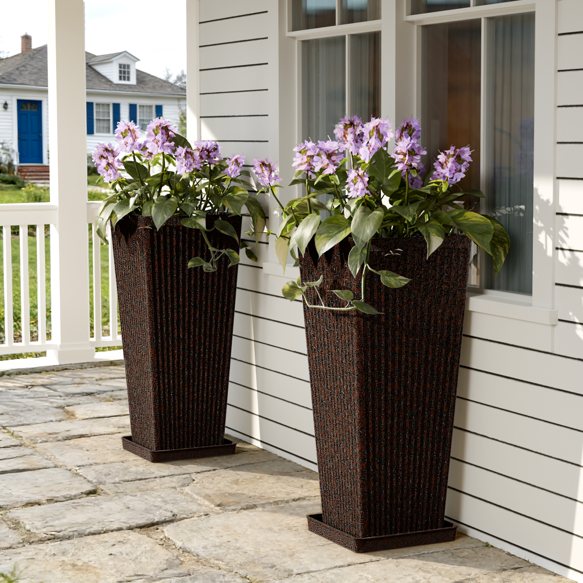 Chiccushion 23.6 inch Tall Planter Set of 2, Large Plastic Round Planter for Outdoor Indoor Garden Patio Front Door, Brown