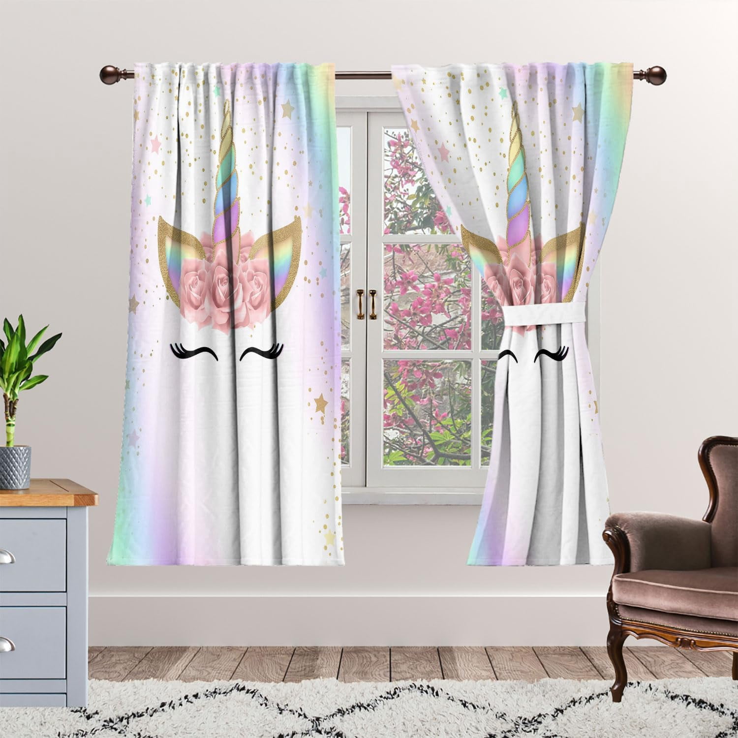 Rainbow Flower Unicorn Blackout Curtains for Kid Girls Boys Bedroom, Fantasy Cute Art Cartoon Rod Pocket Window Drapes for Bedroom Living Room, W42 x L63 Inch