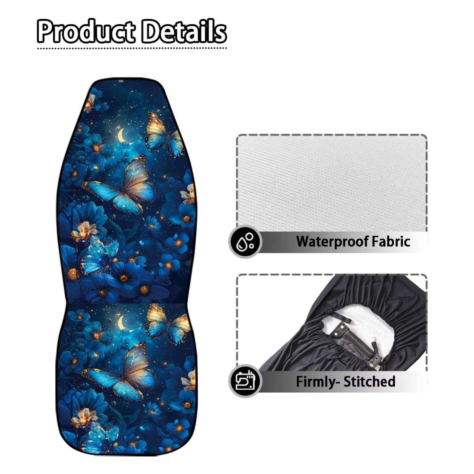 Uorisanigo Waterproof Car Front Seat Covers Stretch Polyester Fabric Cover Blue Butterfly Floral Auto Interior Accessories 2 Pcs Set Universal Front Seat Cover Fit for Most Cars,SUV, Trucks