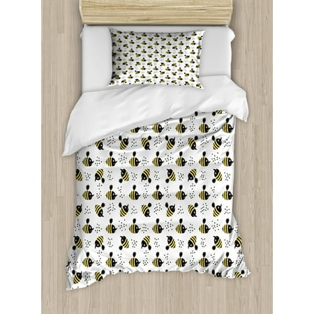 Kids Duvet Cover Set Twin Size, Honey Bees Pattern Childish Flying Mascots Comic Joyful Animals Baby Cartoon, Decorative 2 Piece Bedding Set with 1 Pillow Sham, Black Yellow White, by Ambesonne