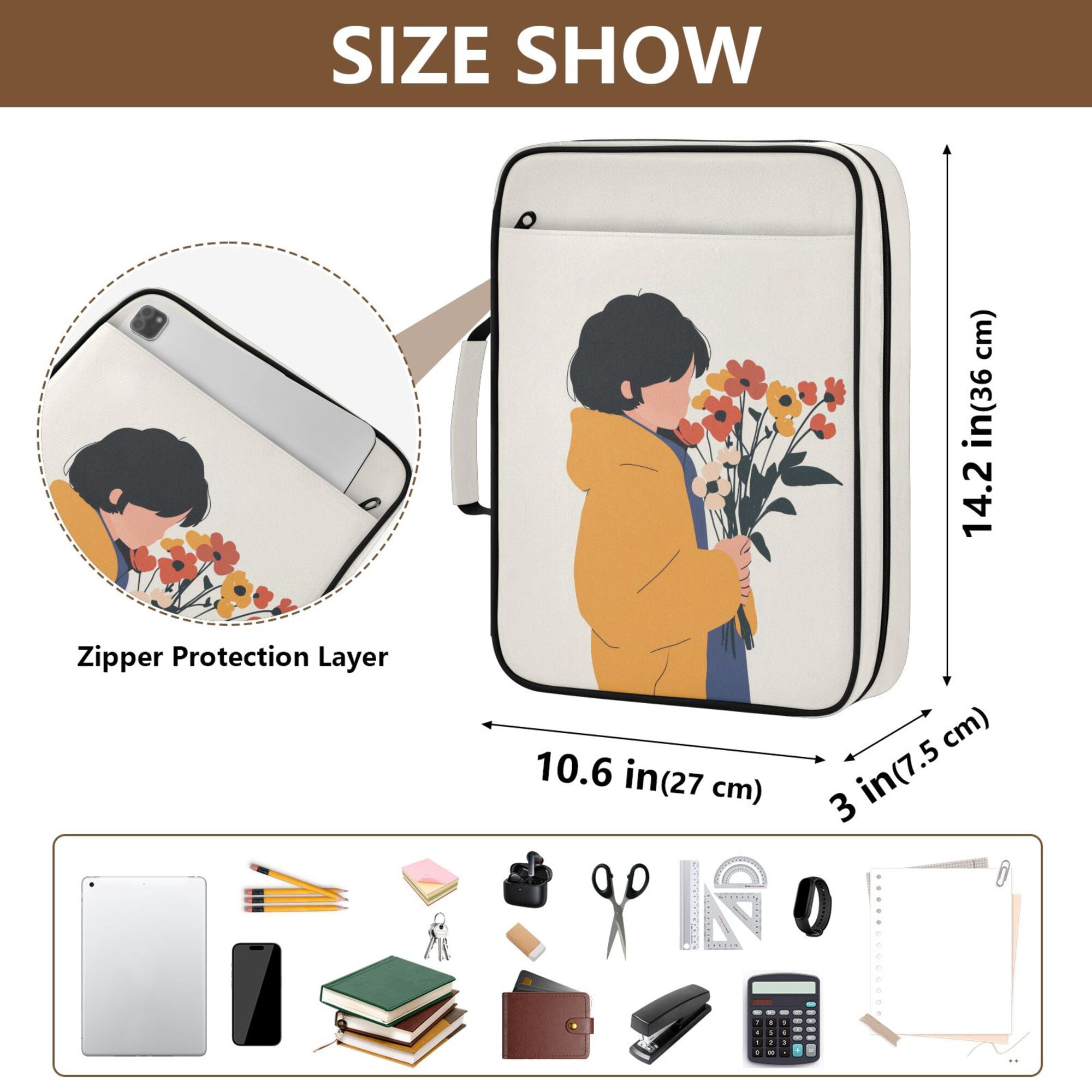FORMRS Accordion File Folder A4 Size 7-Pocket Expanding Document Organizer Bag with 3 Ring Binder, Cartoon Flowers