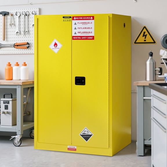 100 Gal Flammable Safety Cabinet, 70x43x34 Inch, Cold-Rolled Steel, Adjustable Shelves, OSHA & CE Certified for Industrial, Commercial, Laboratory, and Institutional Use, Yellow