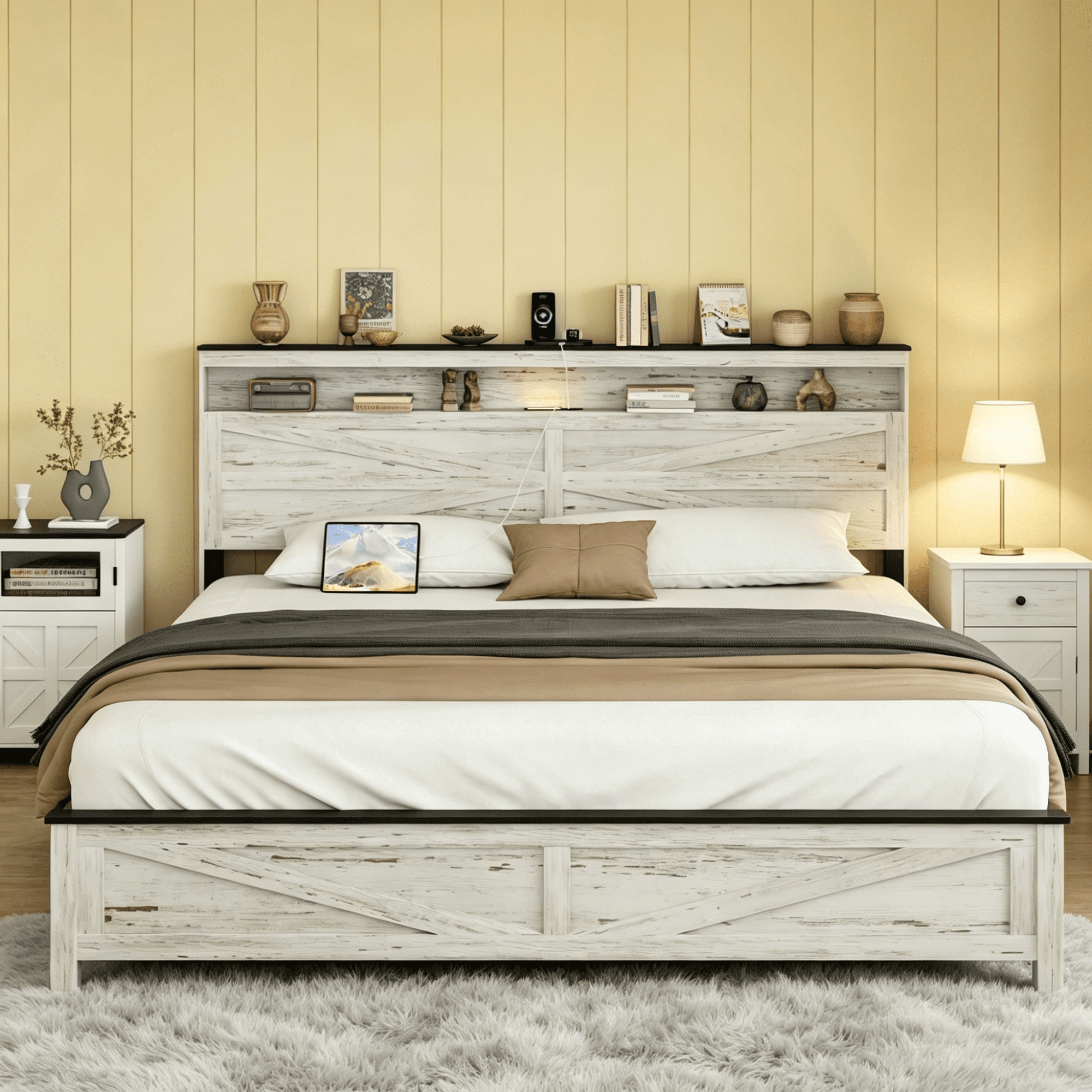 Gewnee King Size Bed Frame with Charging Station – 2 USB & 1 Type-C Ports,LED Light Headboard,Hidden Under-Bed Storage,No Box Spring Required,Antique White+Gray.