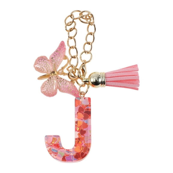 Unique Bargains 1 Pc Heart Sequin Letter J Butterfly Tassel Pendant Water Cup Pendant Pink Metal Resin