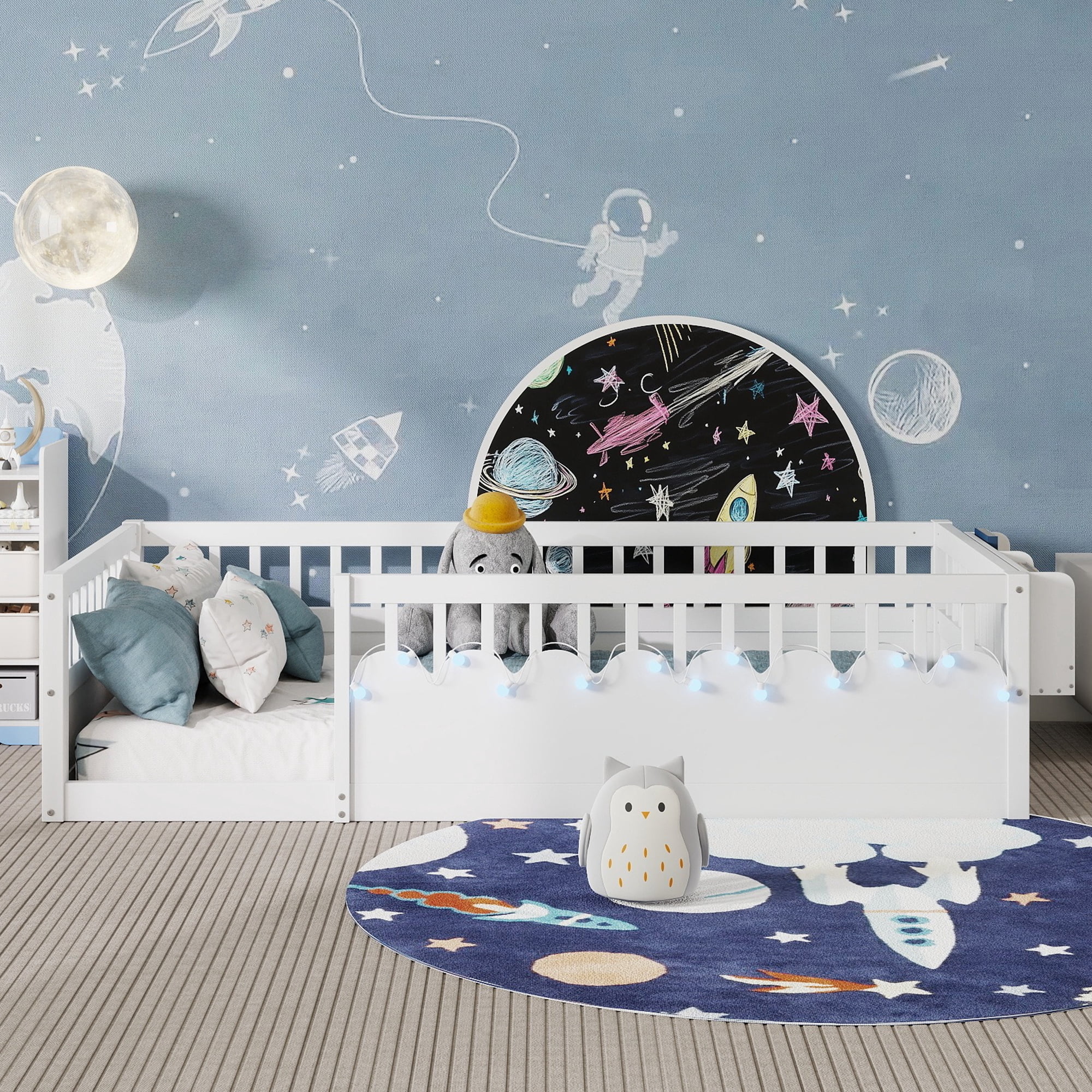Euroco Wood Twin Size Montessori Floor Bed with Guardrails and LED Light, Kids Bed with Storage Shelves, White