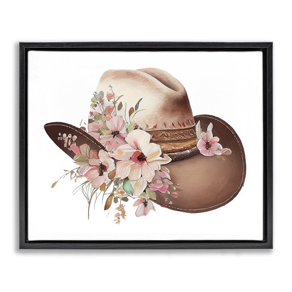 Stupell Industries Shabby Chic Pink Floral Cowboy Hat Black Floating Frame Canvas Art, 21 x 17, by Birch&Ink