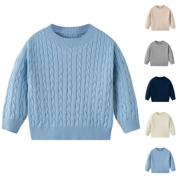 HomeDM Unisex Kids Sweaters Crewneck Long Sleeve Pullover Tops Solid Color Cute Soft Knitting Cotton Fall Winter Warm Sweater for Toddler Boys Girls, Blue Size 4-5 Years