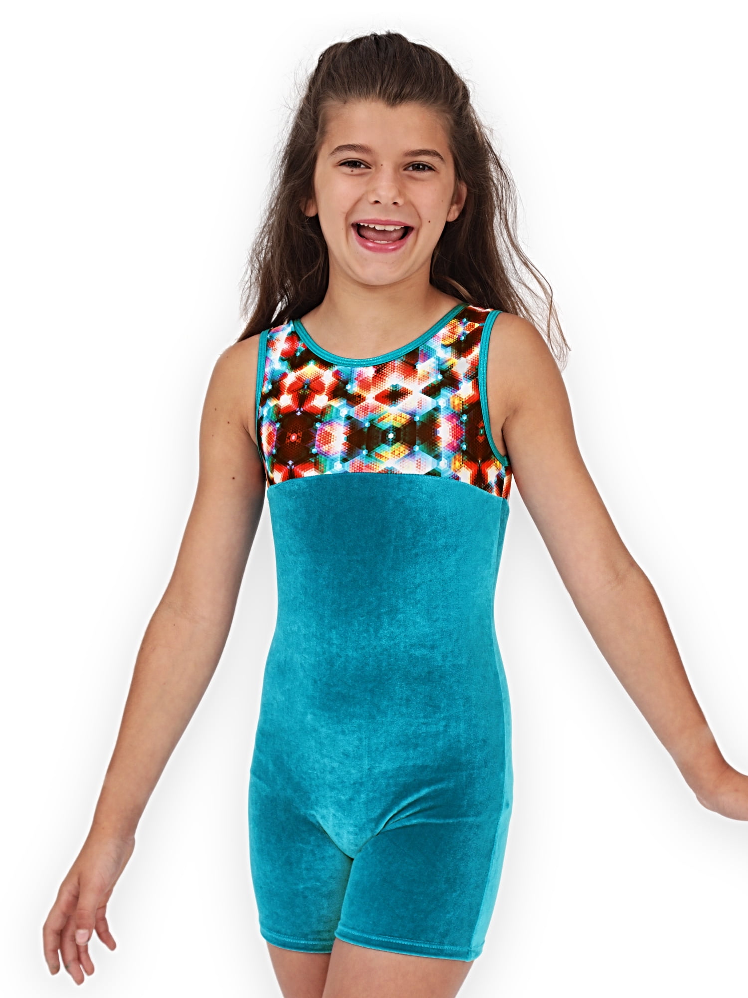 Leap Gear Gymnastics Biketard for Girls Geo Kaleidoscope Velvet