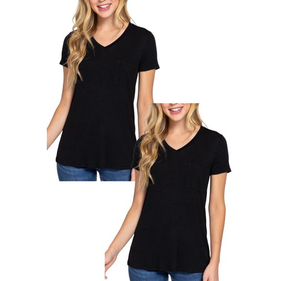FashionStream Short Sleeve V-Neck Relaxed Fit Casual Blouses & Tops, 2-Pack, Juniors