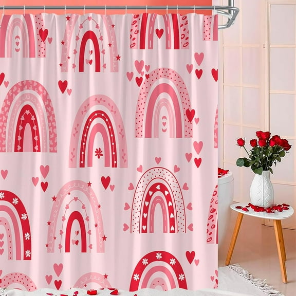 Valentine''s Day Love Heart Shower Curtain Pink Red Rainbow Hearts Trendy Cute Sweet Lovery Heart Modern Romantic Couple Fabric Bathroom Curtain Set with Hook