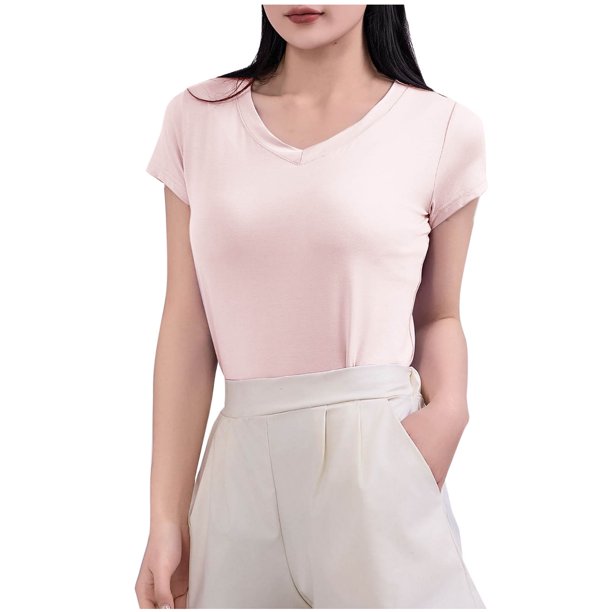 Mujeres Manga Corta Tops Casual, Color Sólido Cuello en V, Camiseta Casa Blusas para Mujeres