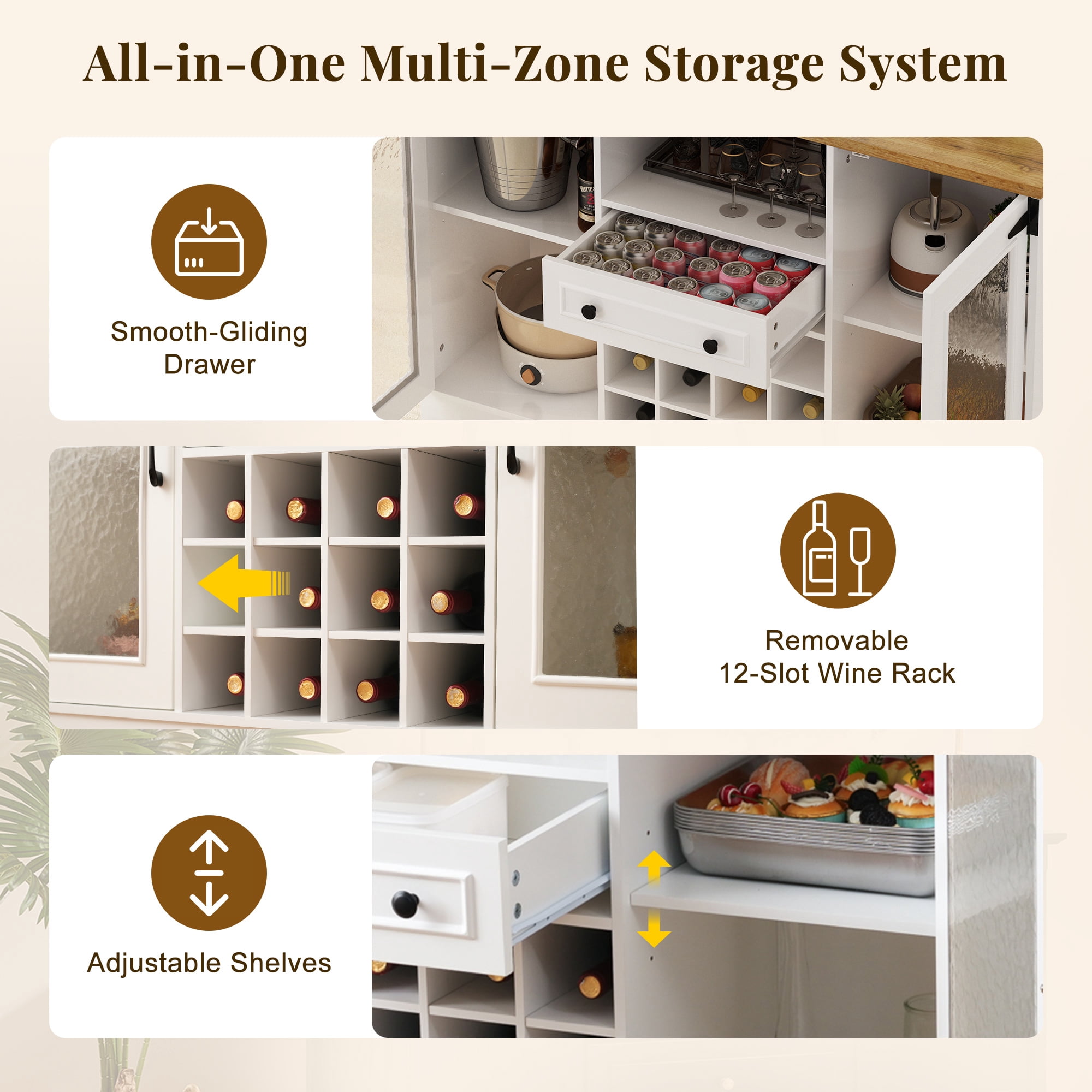 Euroco Coffee Bar Cabinet with Drop Leaf, Liquor Wine Bar Cabinet with LED Lights,Glass Doors,12 Wine Racks,1 Drawer & Open Shelf,Farmhouse Kitchen Cabinet for Dining Room,Natural+White