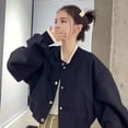 thumbnail image 4 of Fall Spring Women Jacket Stand Collar Solid Color Long Sleeves Single-breasted V Neck High Street Preppy Style Baseball Coat Loose Cardigan Short Coat, 4 of 8