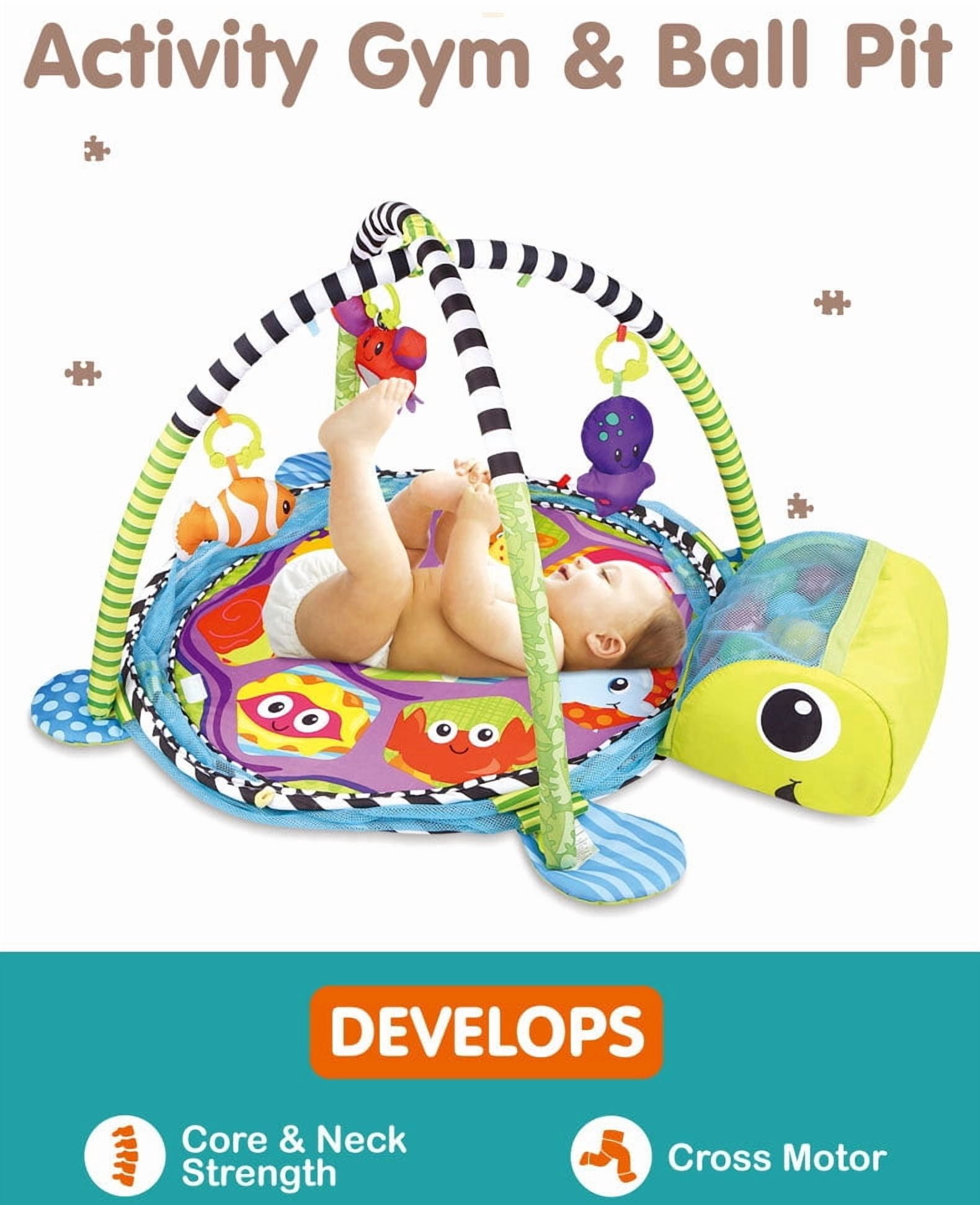 Cochildor Baby Play Gym Mat, 4 in 1 Turtle Tummy Time Activity Mat for Babies, with 30 Balls & 4 Detachable Sound Toys, Newborn Gift for Toddler Infants Age 0-36 Months