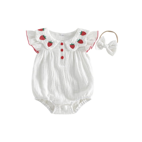 BemeyourBBs Baby Girls Summer Clothes Cotton Strawberry Outfits Bubble Romper Strawberry Embroidery Flying Sleeve Round Neck Bodysuit Playsuit and Headband Set