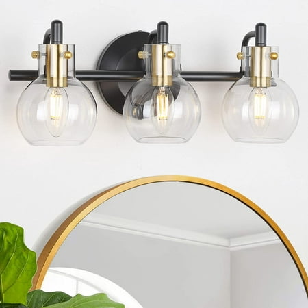 

BIANYQ Vanity Light Fixtures Modern 3 Lights Wall Sconce Lighting Black and Gold Farmhouse Metal Wall Lamp with Globe Glass Shade Porch Wall Mount Light Fixture for Mirror Cabinets Hal