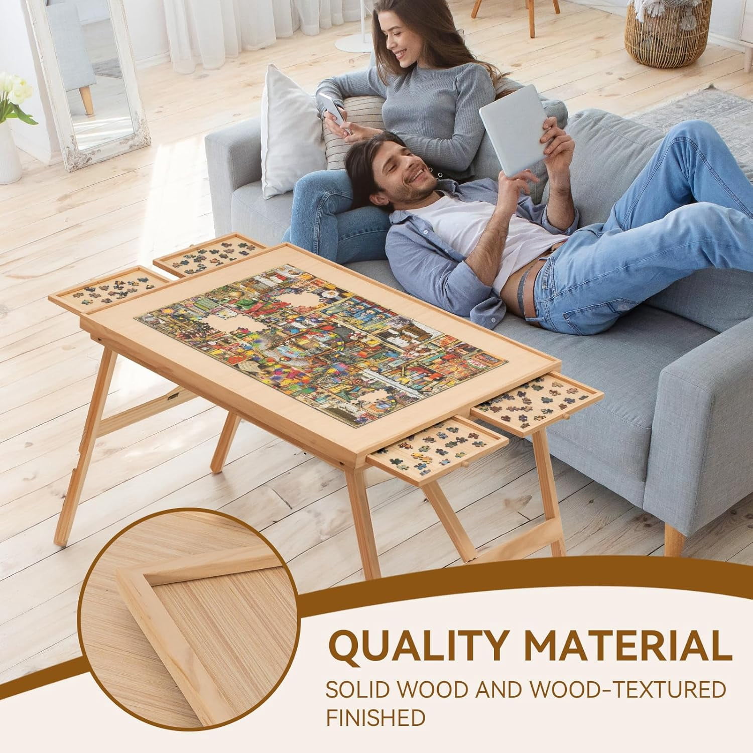 27.6" high 1500 piece puzzle table with legs, 4 drawers, 34.3" wide x 26.5" deep,