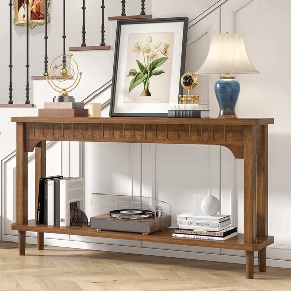 Long Console Table, 2-Tier Sofa Table Behind Couch, Narrow Hallway Table for Living Room, Entryway, Walnut