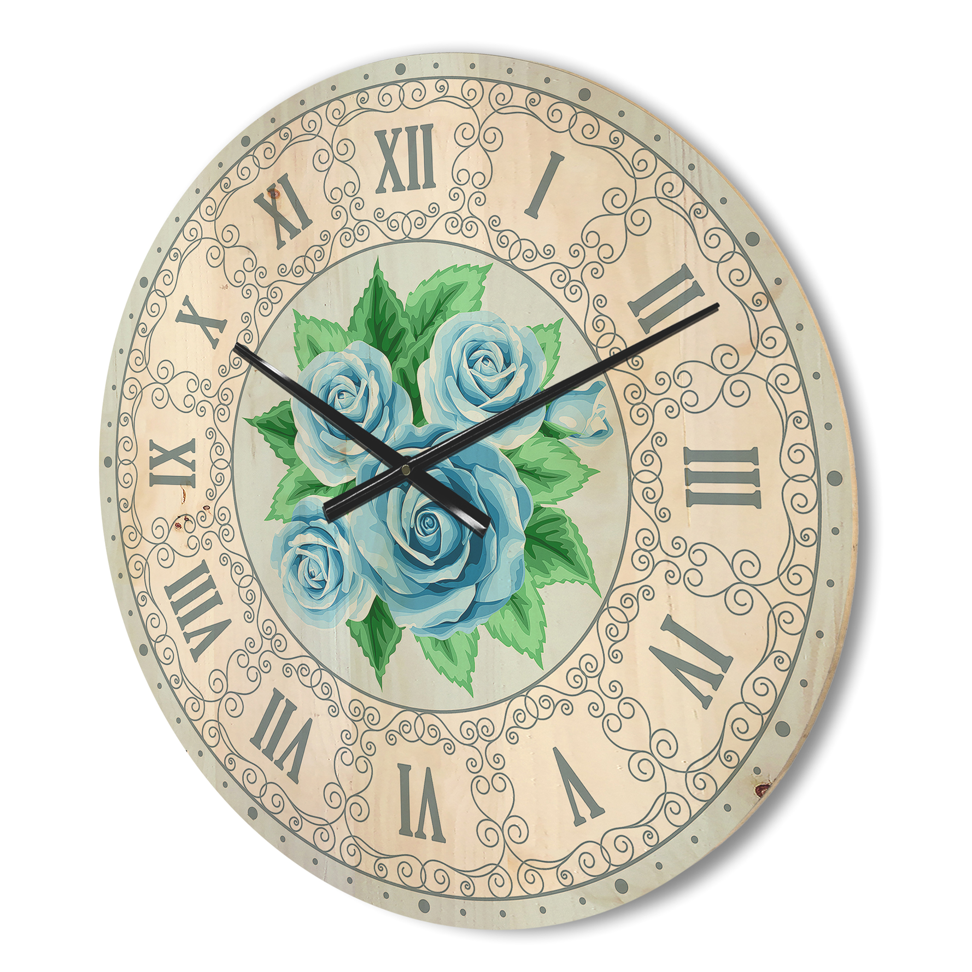 Designart 'Blue Roses With Green Leaves Shabby Chic Vintage ' Modern Wood Wall Clock