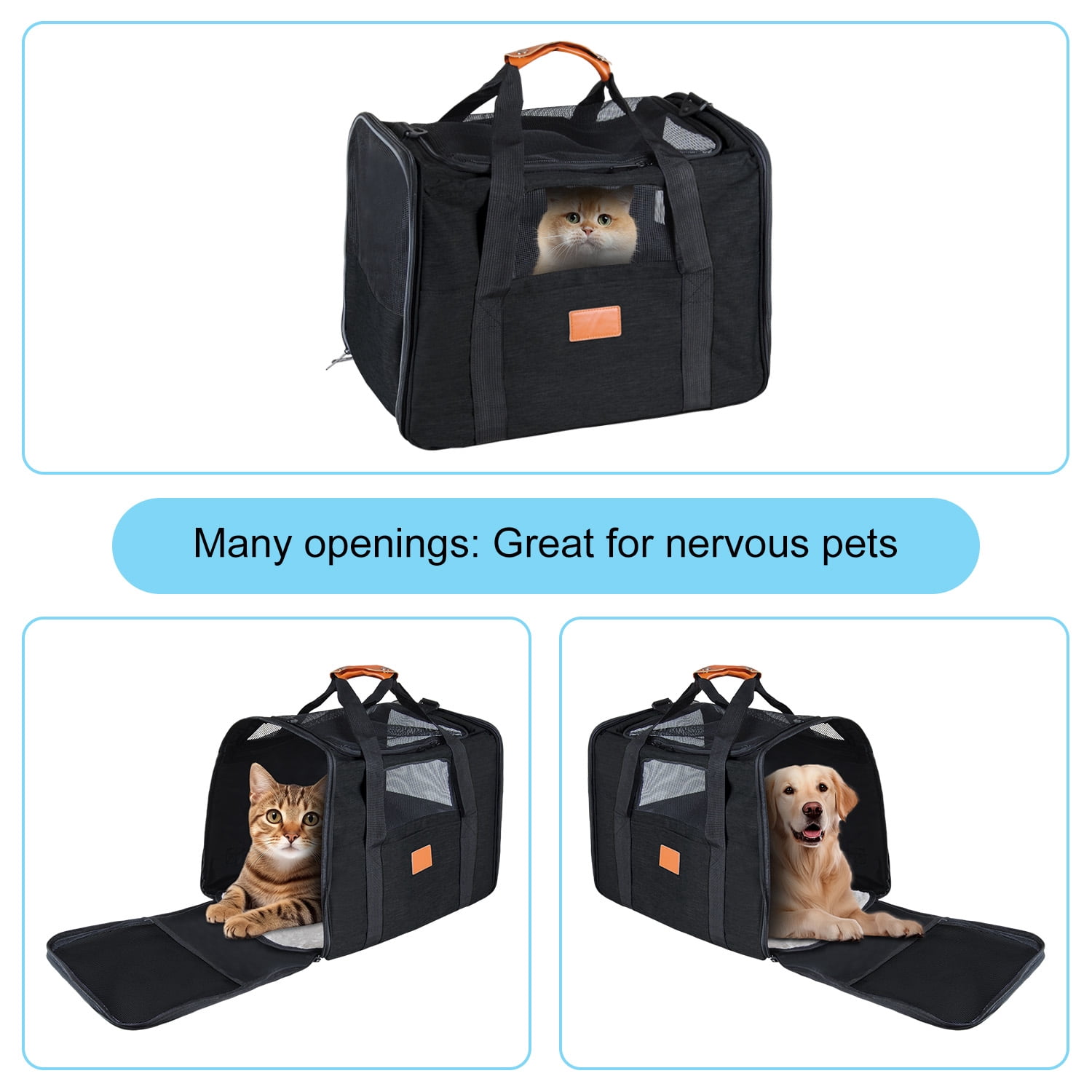 Cat Carrier Bag, AndHot Cat Carrying Case Pet Dog Carrier Soft-Sided Cat Bag Airline Approved for Medium Small Cats and Puppy up to 18lbs, Pet Carrier with Safety Zippers,Black