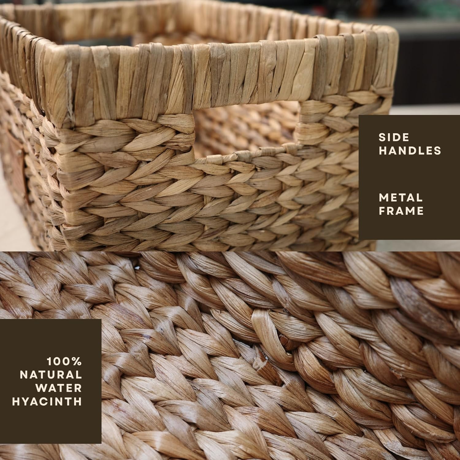 JAVANTI KAYU - Handmade Water Hyacinth Wicker Storage Basket with Handles – Rectangle Organizer Bin for Shelves, Blanket, Bathroom, Closet – Stackable – Decorative & Durable (5, 2 Med + 3 Small)