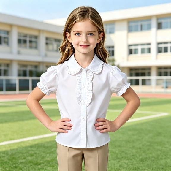 Toddler Girls Short Sleeve Tee Shirts White Button Front Shirt Size 110 , White