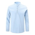 thumbnail image 4 of LZHGirlshop Men Cotton and Linen Henley Shirt Casual Stand Collar Long Sleeve Shirt Retro Solid Color Fit T-Shirt,Blue,XL, 4 of 6