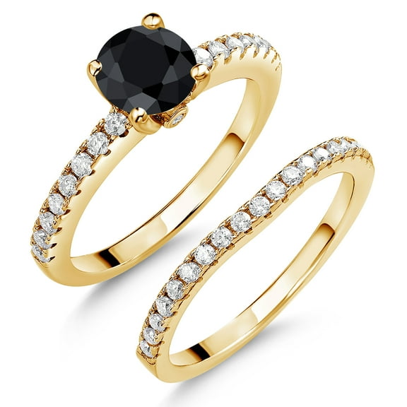 18K Yellow Gold Plated Silver Black Sapphire and White Moissanite Wedding Engagement Band Bridal Set Ring for Women (1.64 Cttw, Gemstone September Birthstone, Available in Size 5, 6, 7, 8, 9)