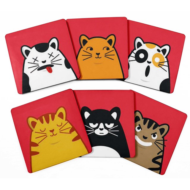 Inkdotpot Set of 6 Drink Coasters DecorativeNon,SlipCork Base4-inch Square PrintedCoastersEasy Clean- Cat