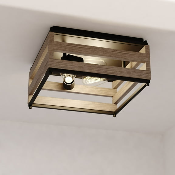 Ravenswood 13-in W Black and Wood Slat Square Farmhouse Flush Mount Ceiling Light Fixture