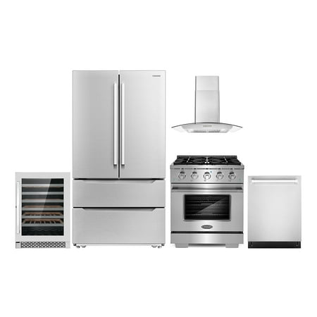Cosmo 5 Piece Kitchen Appliance Package with 30  Freestanding Gas Range 30  Wall Mount Range Hood 24  Built-in Fully Integrated Dishwasher French Door Refrigerator & 48 Bottle Wine Refrigerator