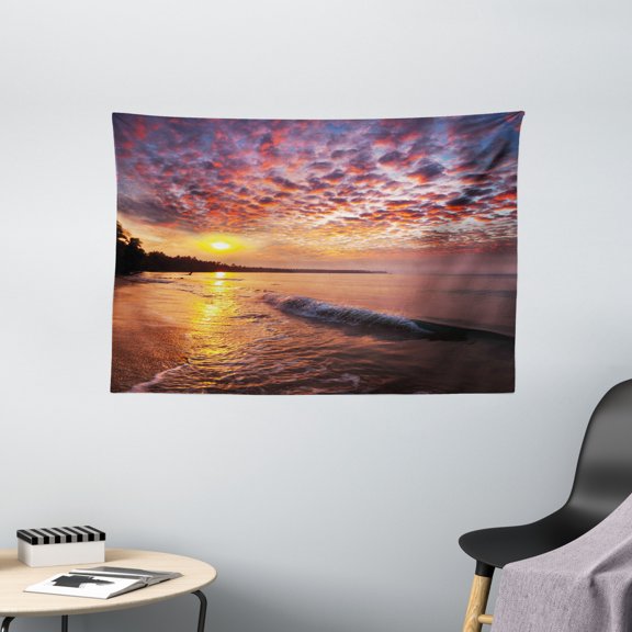 Landscape Tapestry, Photo of Sunrise with Cloudy Sky at Seashore Dramatic Dawn Island Forest, Wall Hanging for Bedroom Living Room Dorm Decor, 60W X 40L Inches, Orange Mauve Blue, by Ambesonne