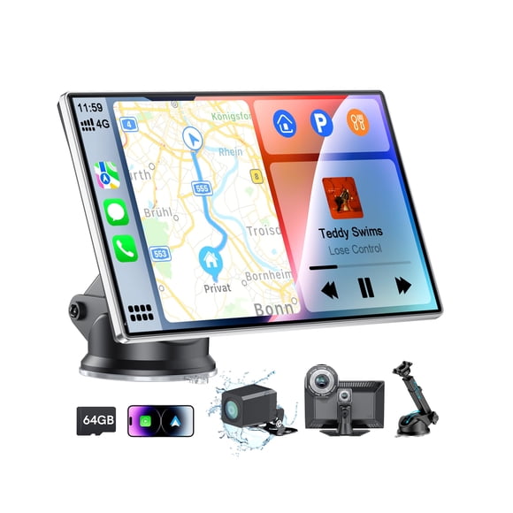 9" Portable CarPlay Screen for Car, CooCom UHD Car Stereo with Touch Screen with Apple CarPlay&Android Auto,4K Dash Cam,1080P Backup Camera,Mirror Link, Voice Control, Bluetooth 5