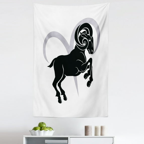 Zodiac Aries Tapestry, Black Silhouette of a Astrological Animal Standing on Grey Sign, Fabric Wall Hanging Decor for Bedroom Living Room Dorm, 5 Sizes, Pale Grey White, by Ambesonne