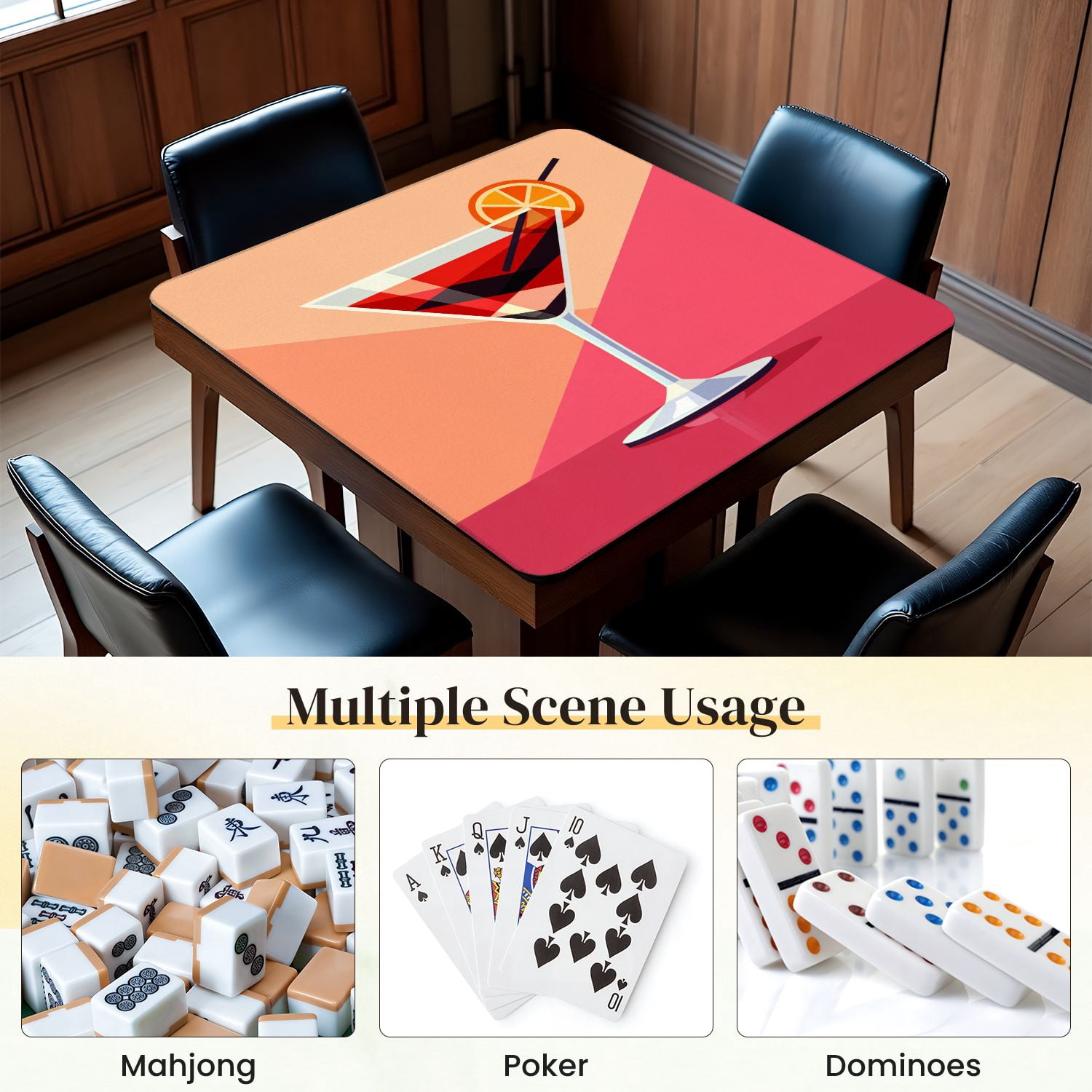 Mahjong Mat 31.5" x 31.5" Stylized Cocktail Glass Orange Slice Red Drink Non-Slip Noise Reduction Mahjong Tiles Table Cover for Dominoes Poker Card Board and Tile Games