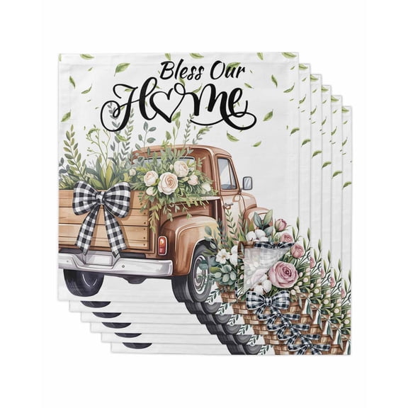Truck Spring Floral Cloth Napkins Set of 6 Reusable Dinner Napkins, Pink Green Flowers Watercolor Cocktail Napkin Washable Table Napkins for Wedding/Holiday Party/Baby Shower 20"x20"