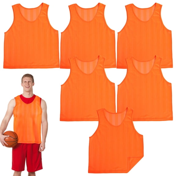 SEWCHICS Orange Striped Soccer Training Vests for Football Practice, Lightweight Breathable Polyester, 6 Pieces Set
