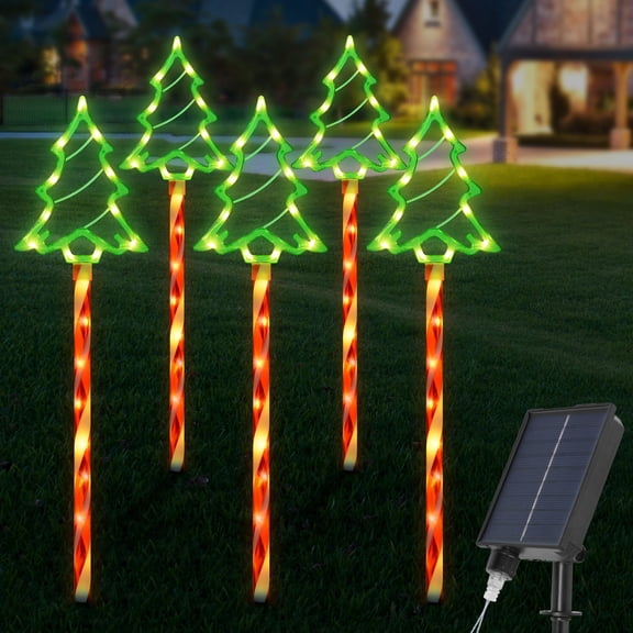 Ninonly 5 Pack Christmas Garden Lights Outdoor 1200mAh, 2.3FT 8 Modes Solar Christmas Tree Candy Lights 85LEDs Waterproof for Yard Porch Decoration
